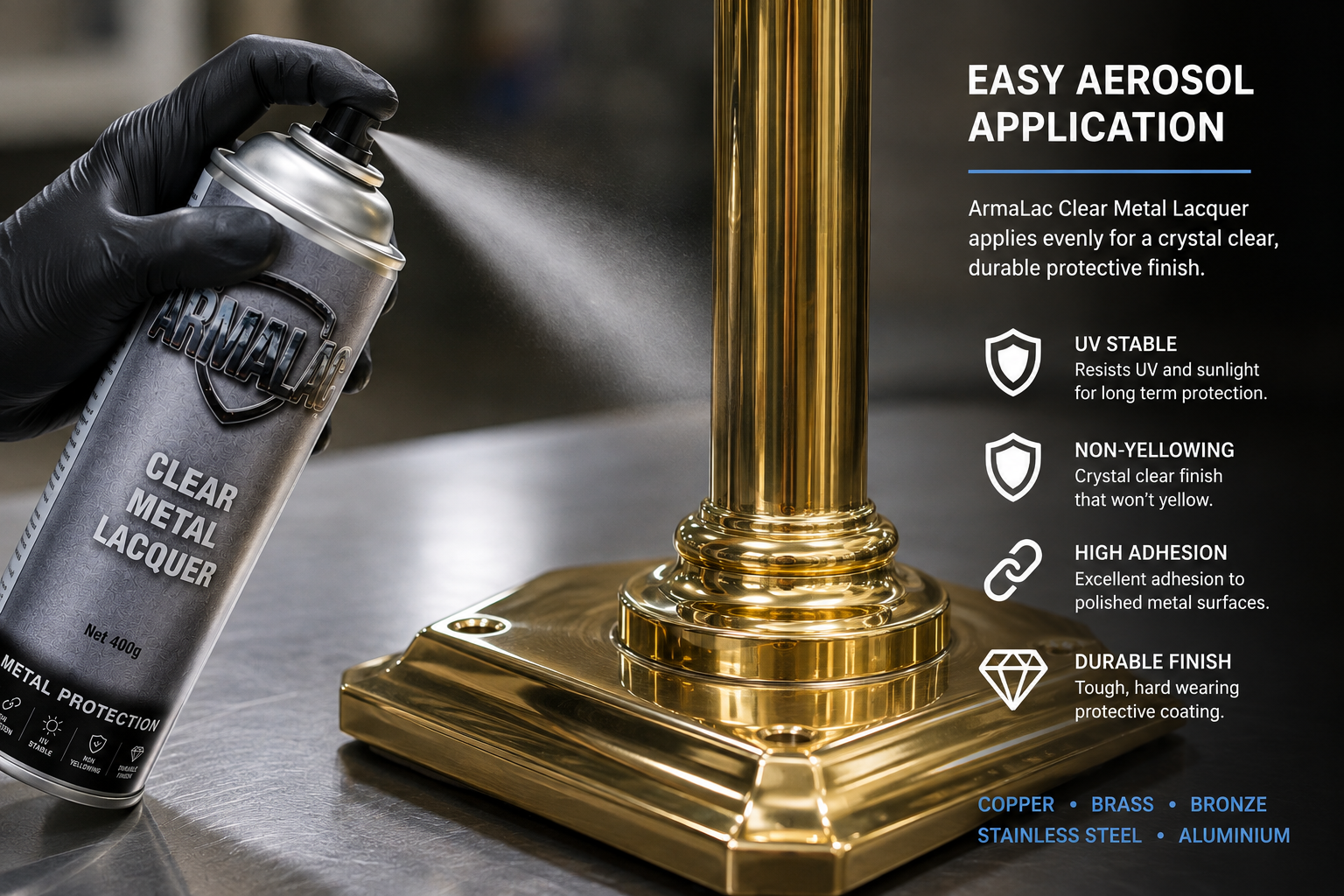 Applying ArmaLac clear metal lacquer aerosol to polished metal Brush application	Applying ArmaLac clear metal lacquer by brush to metal surface