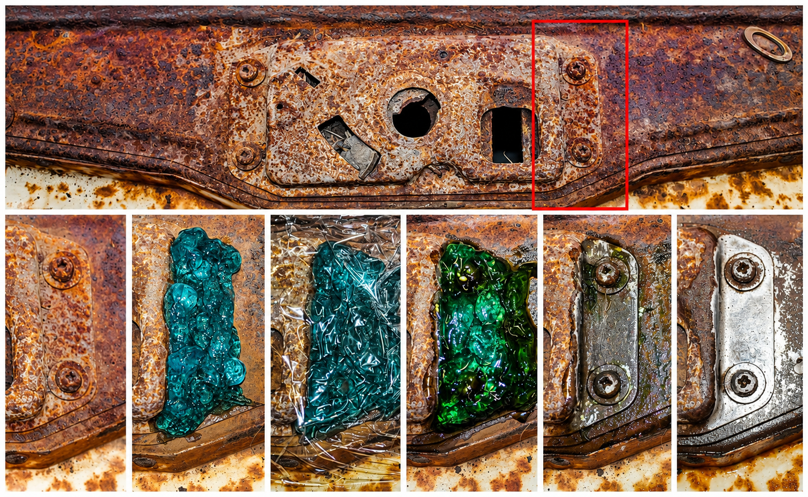 Rusted Solutions Rust Remover Gel application stages removing heavy rust from steel