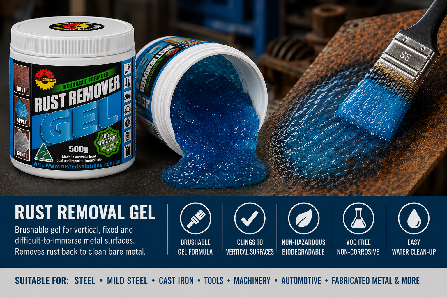 Rusted Solutions Rust Remover Gel being brushed onto rusted steel with 500g product container