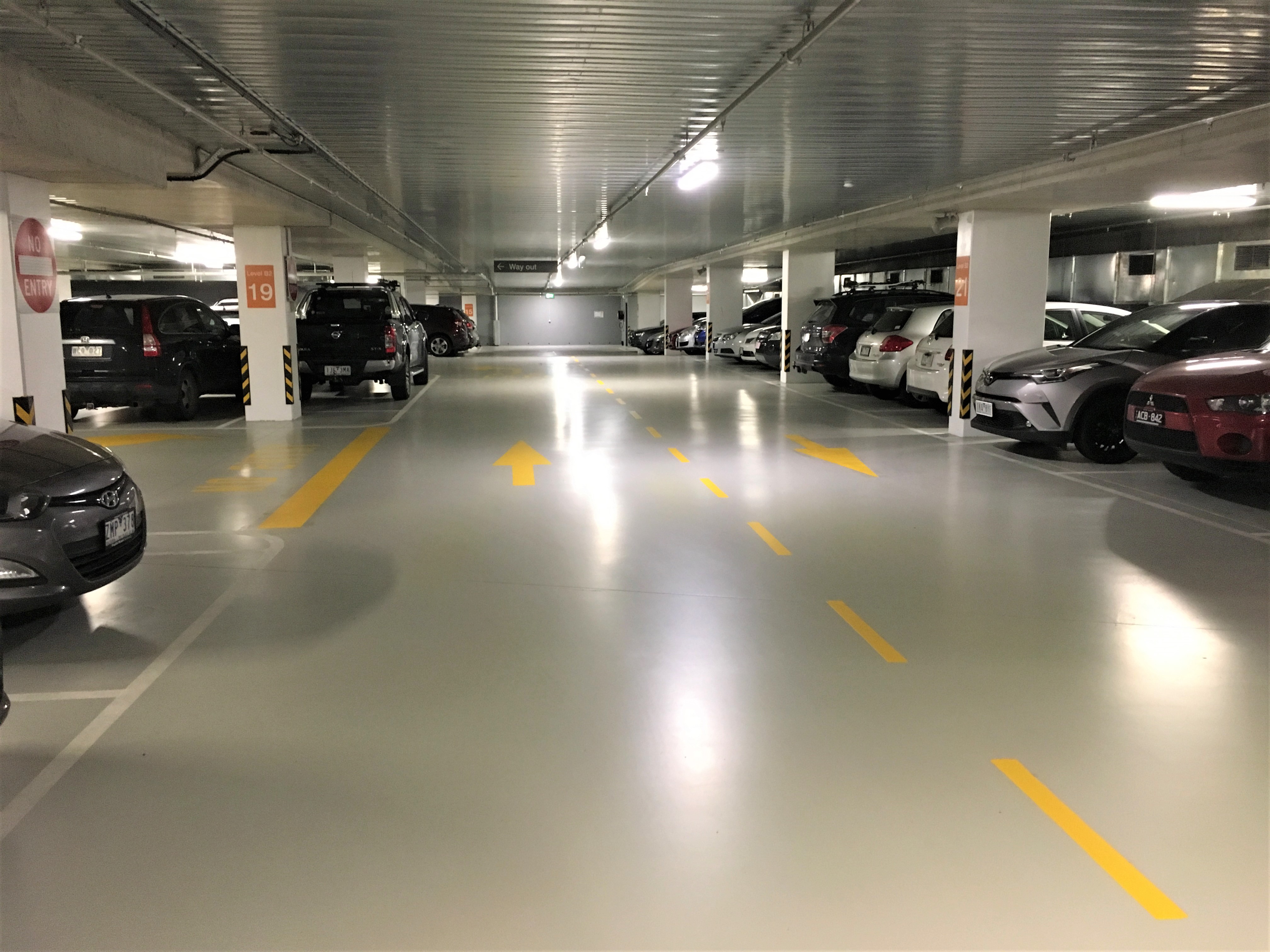 Aquepoxy® coated concrete floor in a large commercial complex car park.
