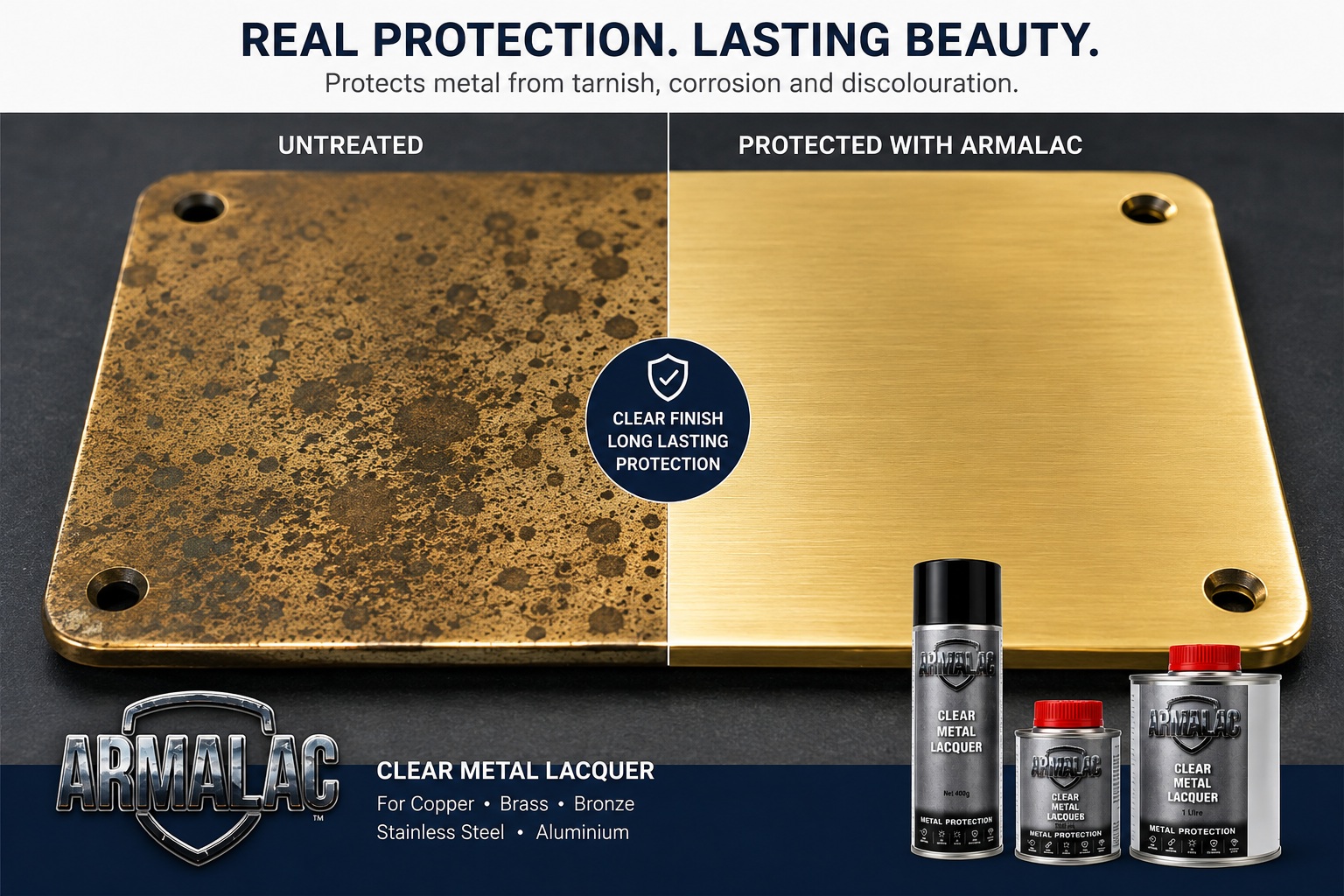 Before and after brass protected with ArmaLac clear metal lacquer