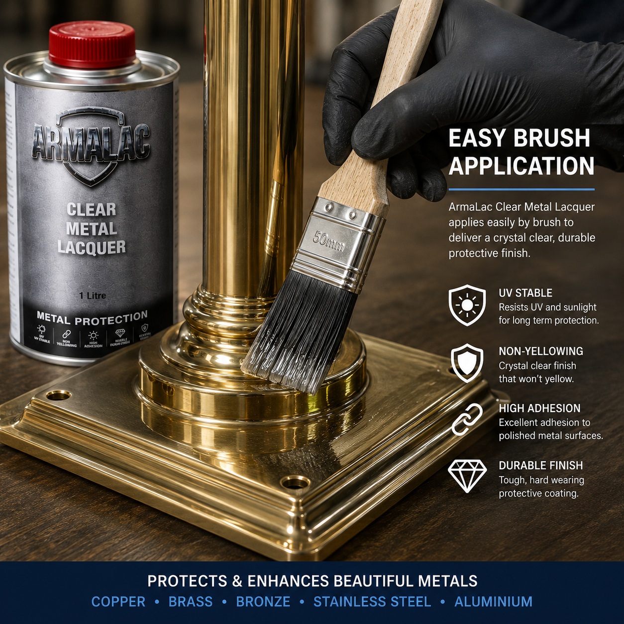 Applying ArmaLac clear metal lacquer by brush to metal surface