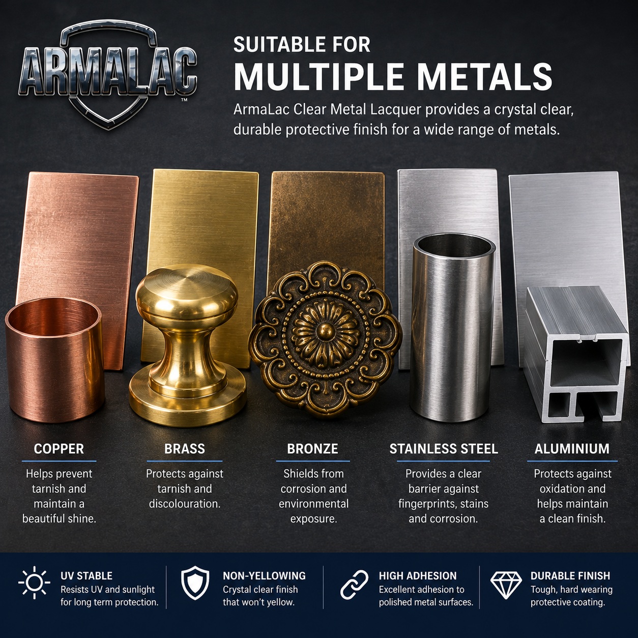 Brass copper bronze aluminium and steel protected with clear metal lacquer
